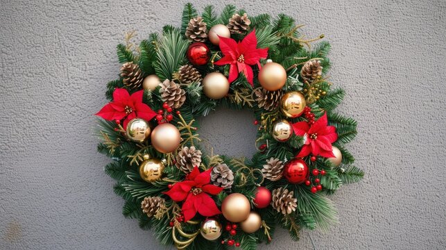 Christmas wreath adorned with ornaments for background purposes
