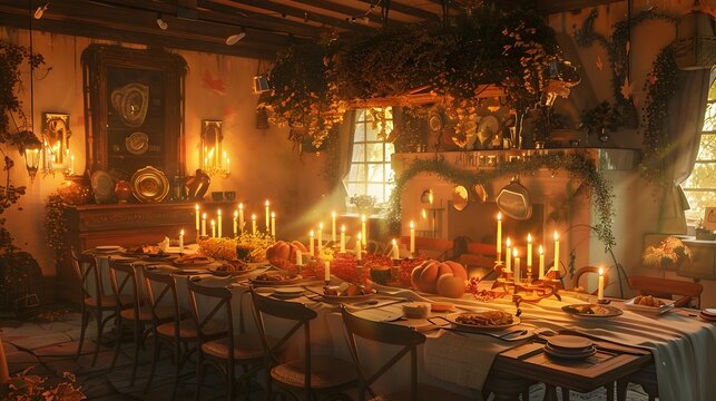 Cozy Candlelit Thanksgiving Dinner Party in Rustic Farmhouse Dining Room
