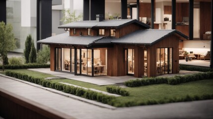 Fototapeta premium Modern Minimalist Dream Home: Exquisite architectural model of a sleek, contemporary home, showcasing minimalist design and sustainable materials.
