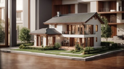 Fototapeta premium Dream Home in Miniature: A meticulously crafted miniature model of a charming two-story house with a warm and inviting aesthetic, capturing the essence of modern architectural design and homeownershi