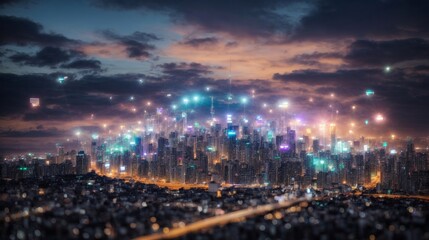 Obraz premium City of the Future: A sprawling metropolis illuminated by a network of glowing drones, hinting at a future shaped by technology and innovation.