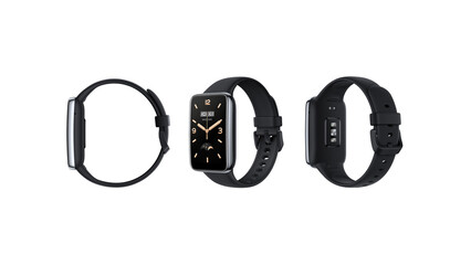 Closeup of black classy smartwatch with gold accents, isolated on white copy-space background.