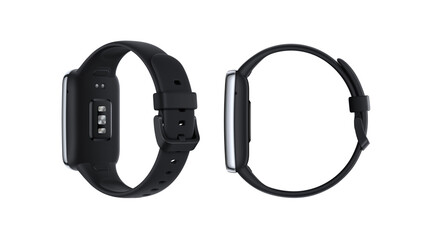 Closeup of black classy smartwatch with gold accents, isolated on white copy-space background.