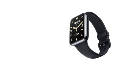 Closeup of black classy smartwatch with gold accents, isolated on white copy-space background.