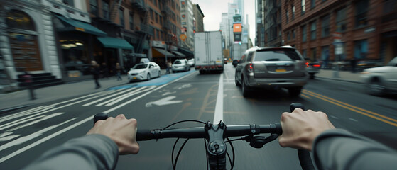 A dynamic POV shot of a man biking in City, showing the bustling streets and tall buildings. The sense of movement and urban life is vividly captured in this cityscape..
