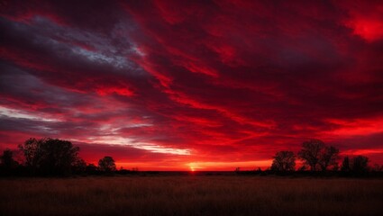 Obraz premium Fiery Sunset: Dramatic red sky, silhouetted trees, and a golden sun setting on the horizon. This image evokes feelings of warmth, passion, and the end of a day. 