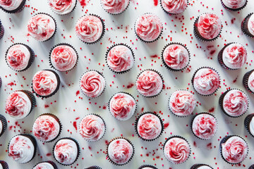 February themed cupcakes with sprinkles arranged in a splattered pattern