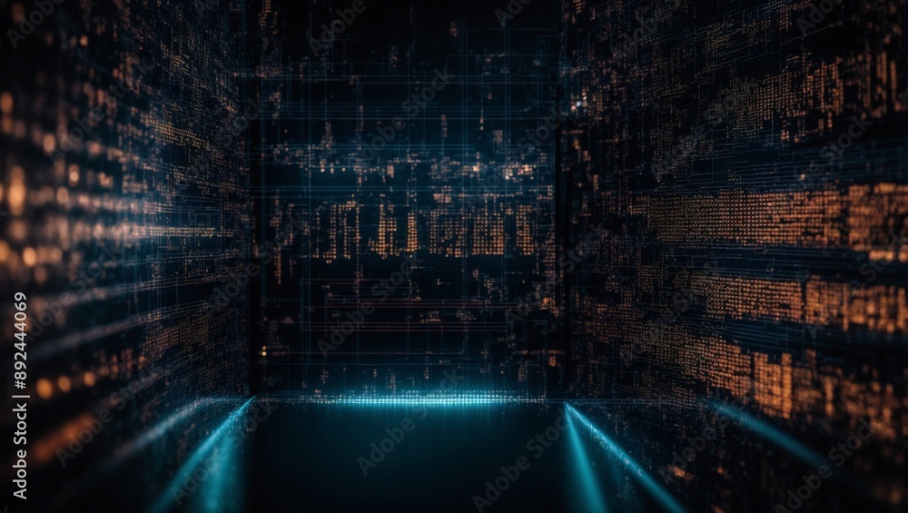 Aufkleber digital metropolis: a futuristic cityscape of data, illuminated by glowing lines of code and the hum