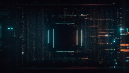 Abstract Digital Glitch: A mesmerizing abstract background of futuristic technology with a grid of digital glitches. Neon green and orange lines shimmer and pulse, creating a captivating digital backd