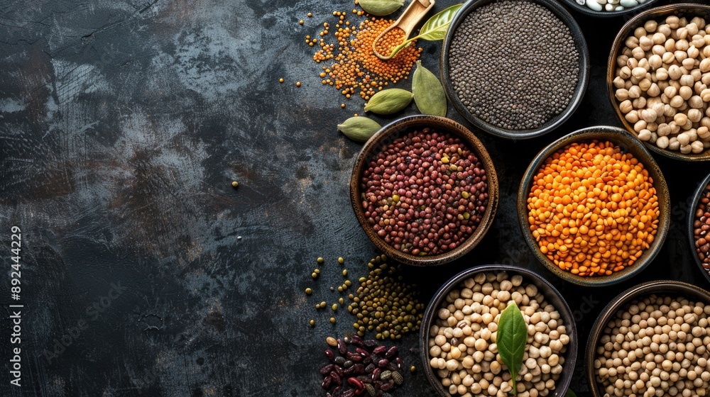 Poster a variety of beans and spices are displayed in bowls on a dark background. the beans are of differen