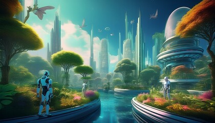 "Future Horizons: Bioluminescent Trees and Robots in a Floating Garden"