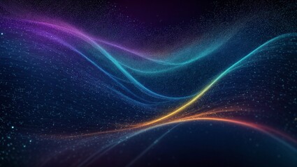 Cosmic Flow: Abstract digital art with glowing, iridescent waves of light, reminiscent of a celestial nebula, with a dark blue background speckled with stars.  