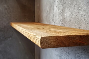 A simple wooden shelf mounted on a concrete wall, perfect for storage or decoration