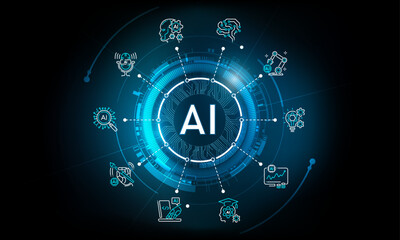 Fototapeta premium Artificial Intelligence Logo on futuristic technology background and icon, AI generative technology concept, neural network, big data, digital Hud futuristic and deep learning, vector illustration