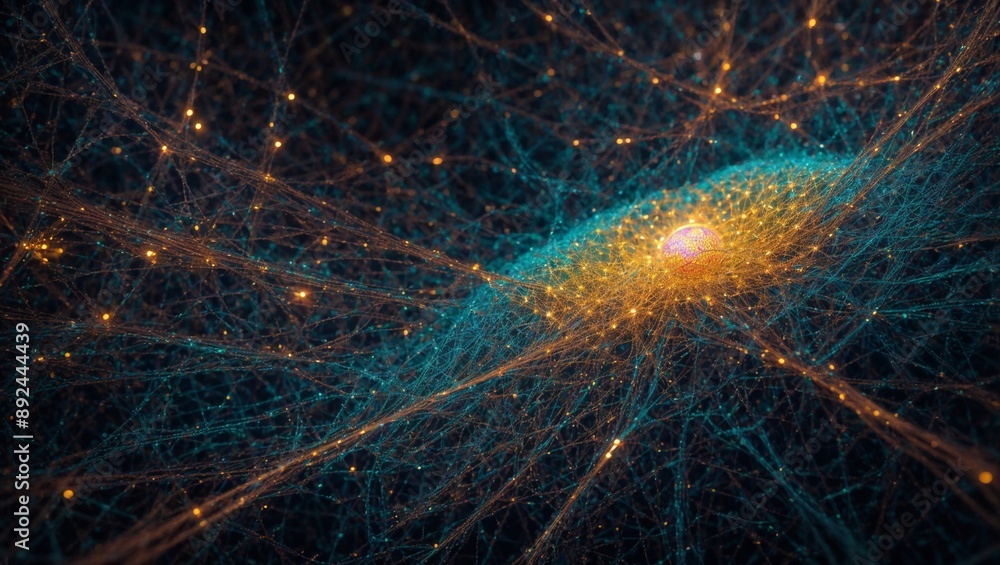 Poster cosmic synapse: a mesmerizing fractal art depiction of a vibrant, interconnected neural network, pul