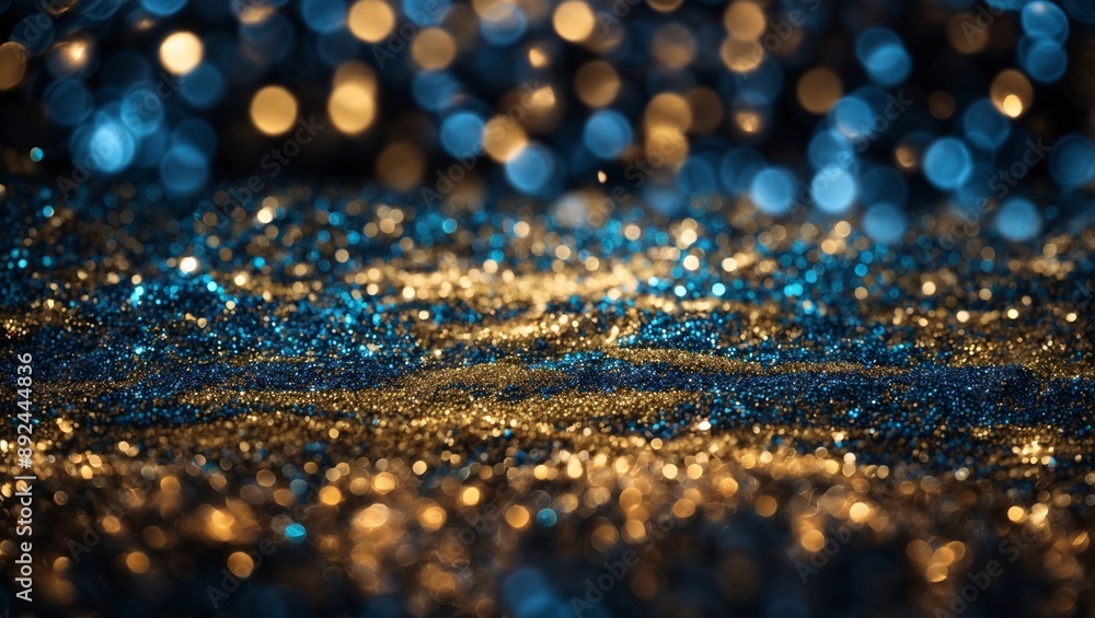 Poster sparkling gold and blue bokeh: a mesmerizing backdrop of shimmering gold and blue bokeh, perfect for