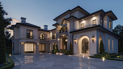 Fototapeta premium Luxurious suburban house with a neutral color palette, featuring a large driveway and contemporary outdoor lighting