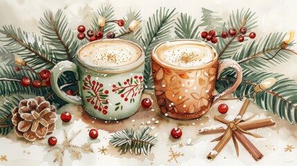 Mugs of hot chocolate nestled among holiday greenery, pinecones. Watercolor Christmas Greeting Card