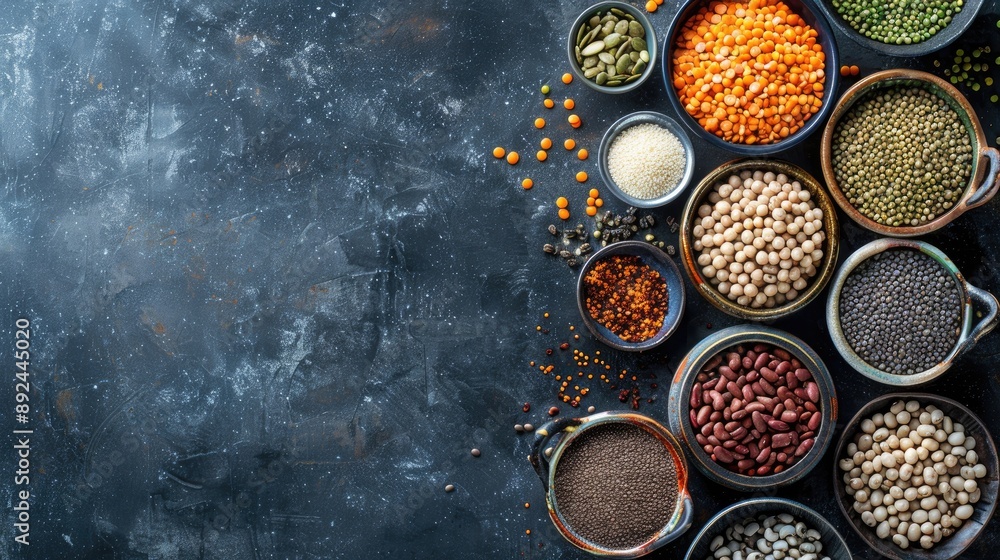 Poster a variety of beans and other legumes are displayed in bowls on a counter. the beans are of different