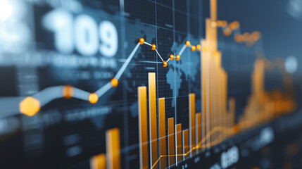  digital stock market graph with numbers and bar charts going up orange highlights  blue background