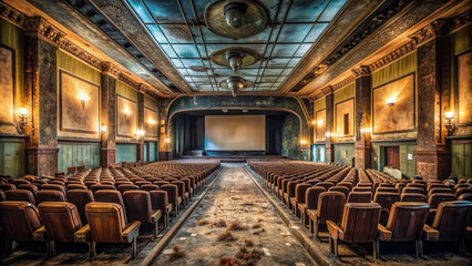 Forgotten cinema's vacant corridors and dimly lit screens pay poignant tribute to a bygone era, as a once-vibrant hub of entertainment slowly succumbs to decay.