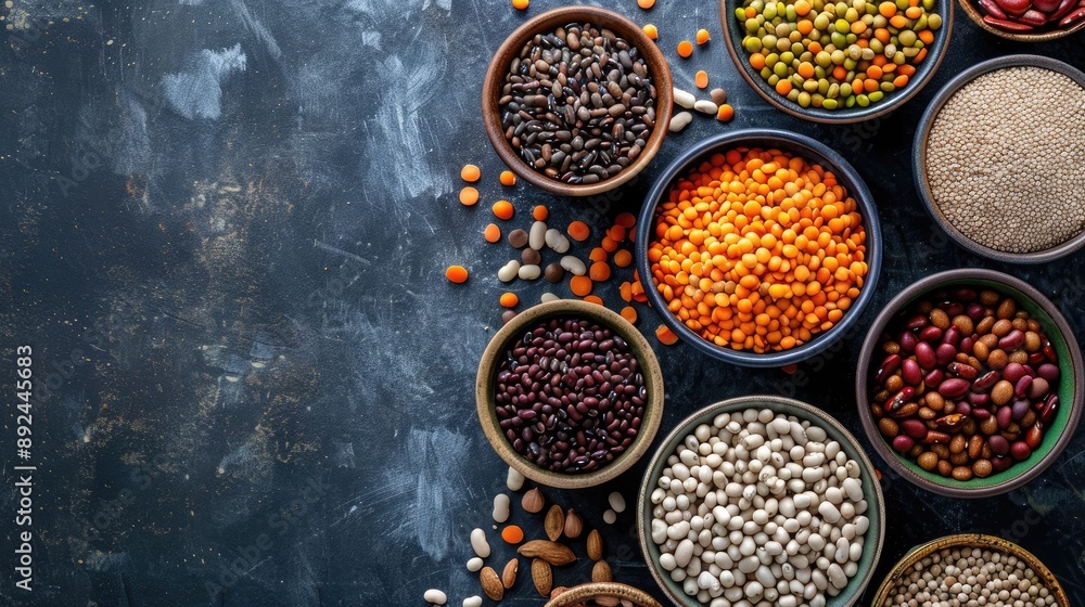 Poster a variety of beans and other legumes are displayed in bowls on a counter. the beans are of different
