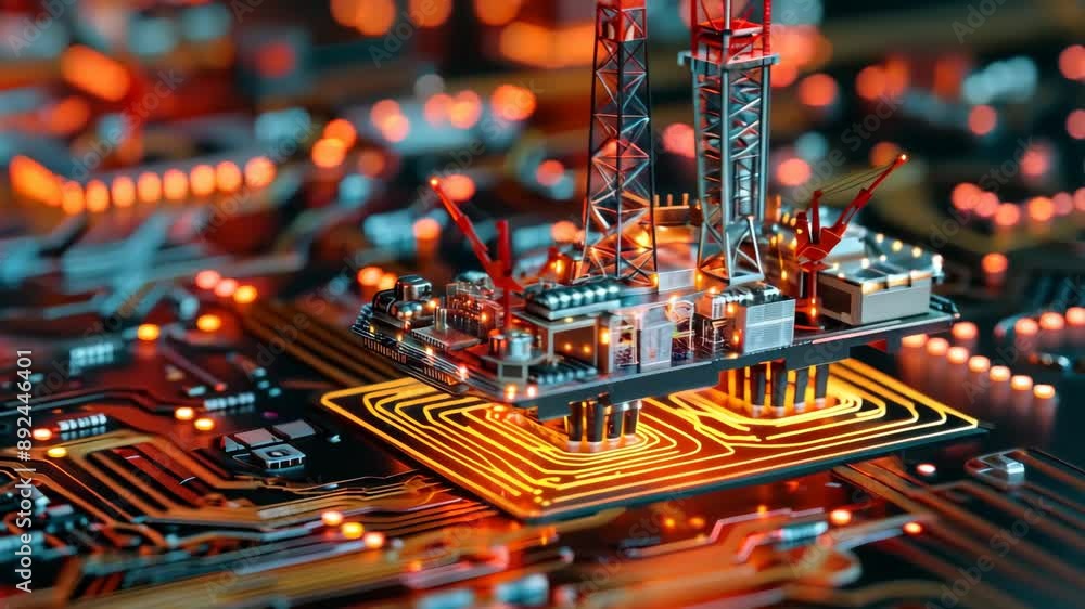 Poster 3d rendering of an industrial structure on a digital circuit board with glowing connections