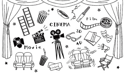 映画館イラストセット　手描き白黒線画