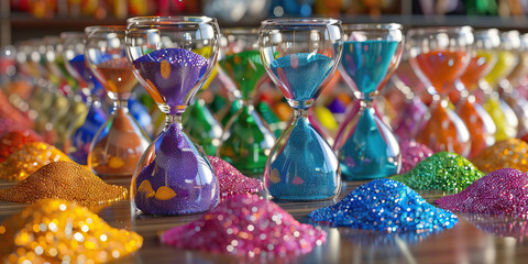 The Shifting Sands of Demand: Sand-filled hourglasses filled with different colored beads illustrate market fluctuations on a round table