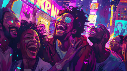 Obraz premium Vibrant celebration of joy and friendship under city lights, showcasing diverse individuals sharing laughter and excitement.