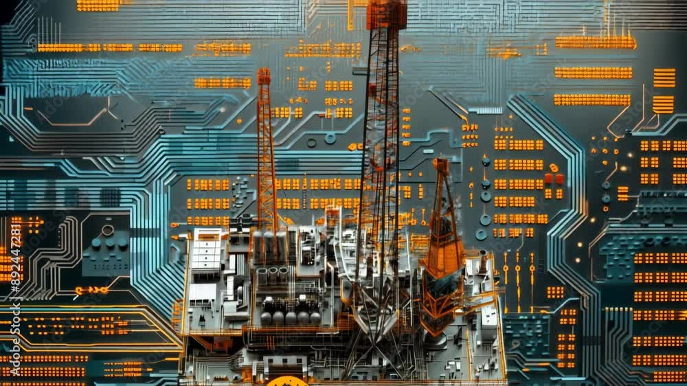 Aufkleber 3d rendering of an industrial structure on a digital circuit board with glowing connections