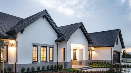 Fototapeta premium Minimalist luxury home exterior in a suburban setting, featuring a dark slate roof and white stucco walls Space for text required