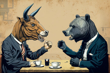 A bull with a bear arguing over financial stock markets and cryptocurrency markets in a coffee shop. 