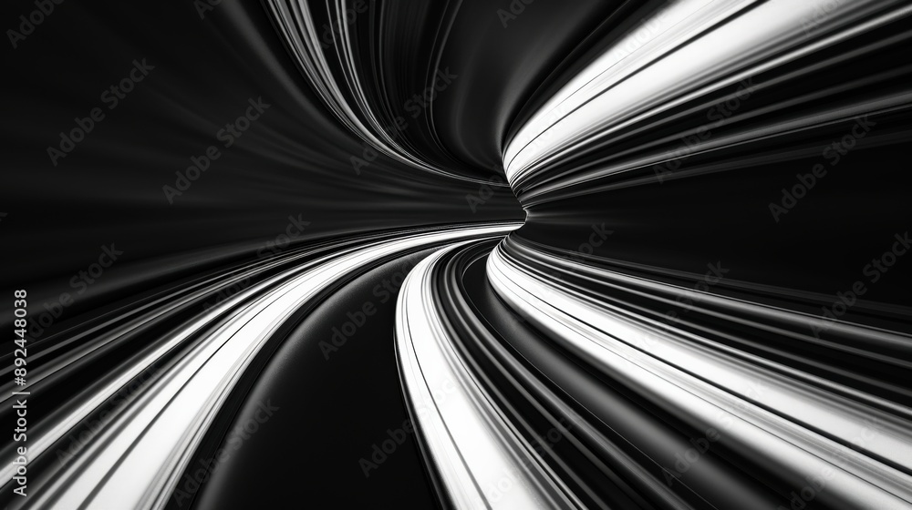 Poster a black and white image of a winding road with white lines. concept of motion and speed, as if the r
