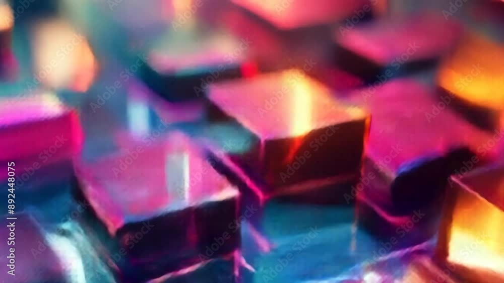 Poster 3d rendering of colorful glowing cubes with reflective surfaces