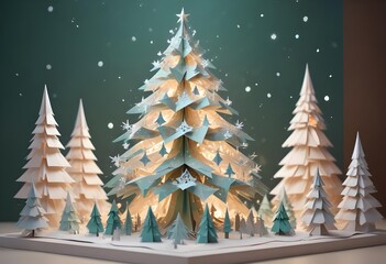 papercut origami, White Christmas tree filled with intricate silver and white ornaments, illuminated by soft, blurred pastel lights. The scene captures winter wonderland aesthetic with snowflakes