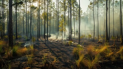 A forest regenerates after a controlled burn, new growth emerging from the ashes.