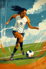 Naklejka premium Female soccer football player running with the ball. 