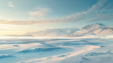 Obraz premium A frozen tundra stretching to the horizon, with icy plains and distant mountains bathed in the soft light of a winter afternoon.
