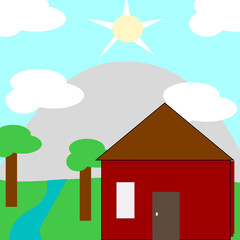 illustration of a view of a mountain, river and house