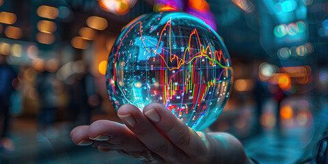 The Crystal Ball of Investments: A mystical ball with swirling market graph patterns, foretelling the future