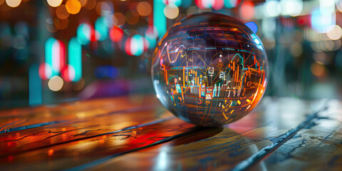 The Crystal Ball of Investments: A mystical ball with swirling market graph patterns, foretelling the future