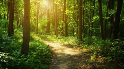 Obraz premium A hiking trail winding through a forest alive with chirping birds and the rustling of leaves, dappled sunlight filtering through the canopy on a warm summer day.