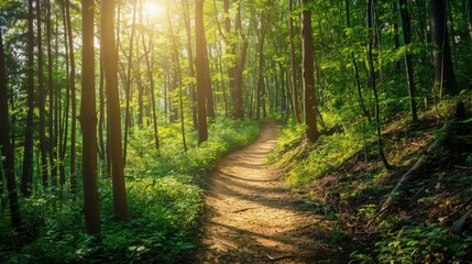 A hiking trail winding through a forest alive with chirping birds and the rustling of leaves, dappled sunlight filtering through the canopy on a warm summer day.
