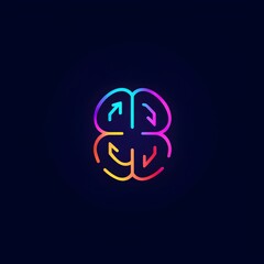 Obraz premium logo, vector graphic of brain with arrows around it in neon colors on dark background, simple minimalistic design, high resolution, logo for mobile app that uses AI to enhance focus and mental clarity