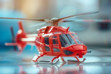 Naklejka premium Red Toy Helicopter on a Reflective Surface