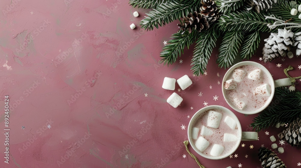Poster festive card featuring fir tree hot chocolate and marshmallow on table with space for text