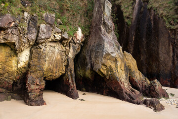 La Franca beach rock formations in Asturias, North coast of Spain. Nature backgrounds.