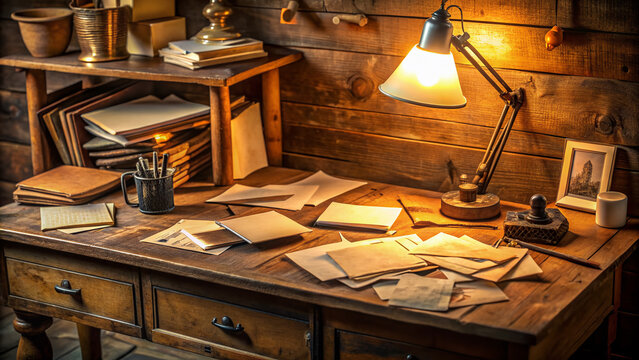 A vintage wooden desk with a scattered mess of handwritten letters, envelopes, and stamp pads, surrounded by dimly lit lamps and old books.