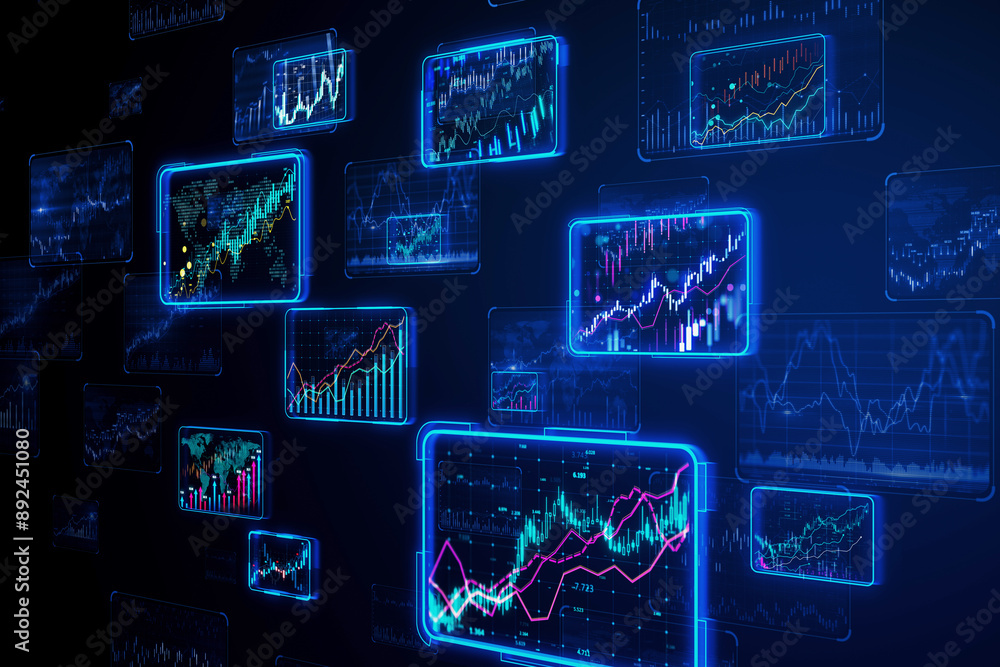 Poster multiple floating financial charts in neon colors, digital style, on a dark background, concept of m